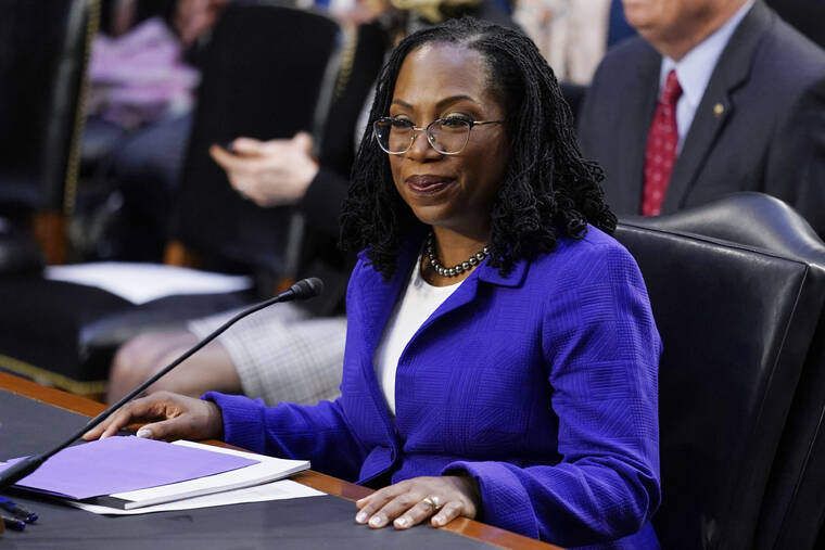 ASSOCIATED PRESS
                                Supreme Court nominee Judge Ketanji Brown Jackson took her seat before the start of her confirmation hearing before the Senate Judiciary Committee, today, on Capitol Hill in Washington.