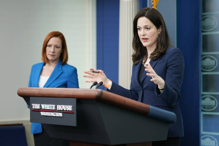 ASSOCIATED PRESS / MARCH 21
                                Anne Neuberger, Deputy National Security Advisor for Cyber and Emerging Technology, speaks alongside White House press secretary Jen Psaki during a press briefing at the White House in Washington.
