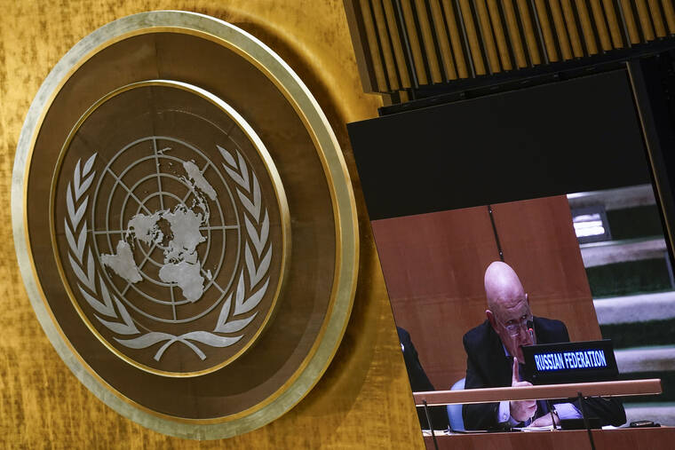 ASSOCIATED PRESS
                                Russian Ambassador to the United Nations Vasily Nebenzya speaks during an emergency meeting of the General Assembly at United Nations headquarters today.