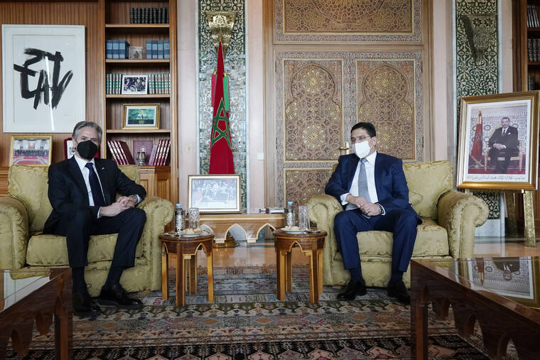 POOL PHOTO / AP
                                U.S. Secretary of State Antony Blinken meets with Morocco’s Foreign Minister Nasser Bourita at the Foreign Ministry in Rabat, Morocco.