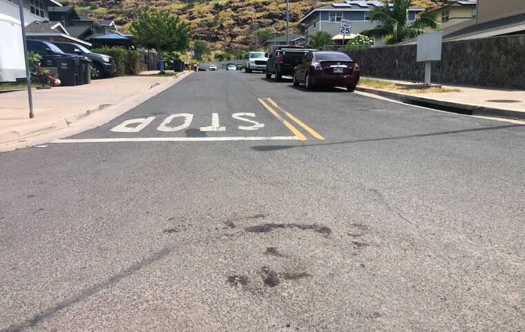 CRAIG T. KOJIMA / CKOJIMA@STARADVERTISER.COM
                                Bloodstains were seen on the street today in Waianae as Honolulu police investigated the scene of a shooting that left one man dead and three injured.