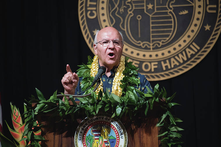 CRAIG T. KOJIMA / CKOJIMA@STARADVERTISER.COM
                                Honolulu Mayor Rick Blangiardi delivered his State of the City address Tuesday.