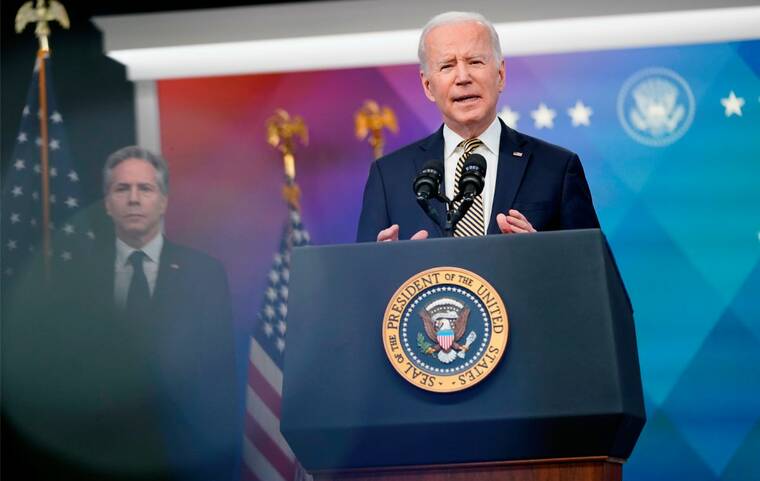 ASSOCIATED PRESS
                                President Joe Biden spoke about additional security assistance that his administration will provide to Ukraine in the South Court Auditorium on the White House campus in Washington, today. Secretary of State Antony Blinken stood at left.