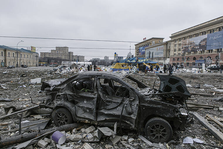 ASSOCIATED PRESS
                                A view of the central square following shelling of the City Hall building today in Kharkiv, Ukraine. Russia on Tuesday stepped up shelling of Kharkiv, Ukraine’s second-largest city, pounding civilian targets there. Casualties mounted and reports emerged that more than 70 Ukrainian soldiers were killed after Russian artillery recently hit a military base in Okhtyrka, a city between Kharkiv and Kyiv, the capital.