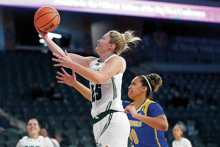 ASSOCIATED PRESS
                                Hawaii’s Amy Atwell went up for a shot against Cal State Bakersfield’s Jayden Eggleston in Wednesday’s Big West Conference quarterfinal game