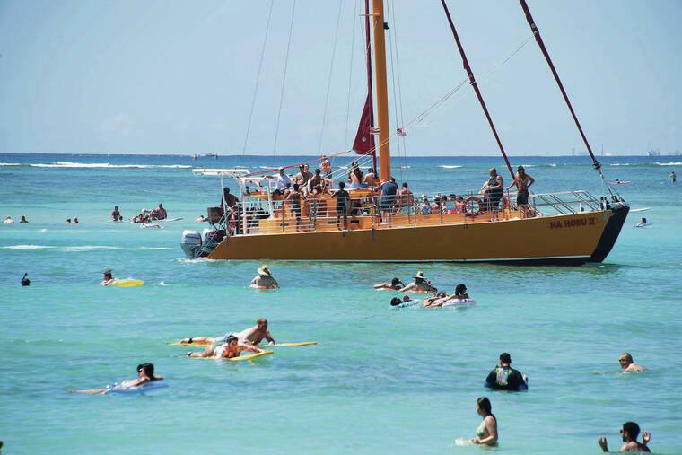 CRAIG T. KOJIMA / CKOJIMA@STARADVERTISER.COM
                                Beginning March 26, travelers arriving from the mainland will not need to create a Safe Travels account, show their COVID-19 vaccination status or take a pre-travel test when traveling to Hawaii. Above, a catamaran was seen Sunday off Waikiki Beach.
