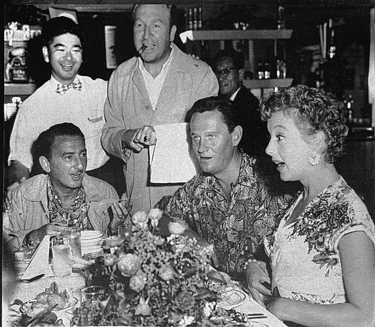 COURTESY GENE KANESHIRO 
                                Columbia Inn fed the cast and crew of the movie “Hell’s Half Acre” in 1953, including, seated, Leonard Strong, left, Wendell Corey and Evelyn Keyes; standing, Tosh Kaneshiro, left, and Jesse White. White was later known as the “lonely Maytag repairman” in washing machine commercials.
