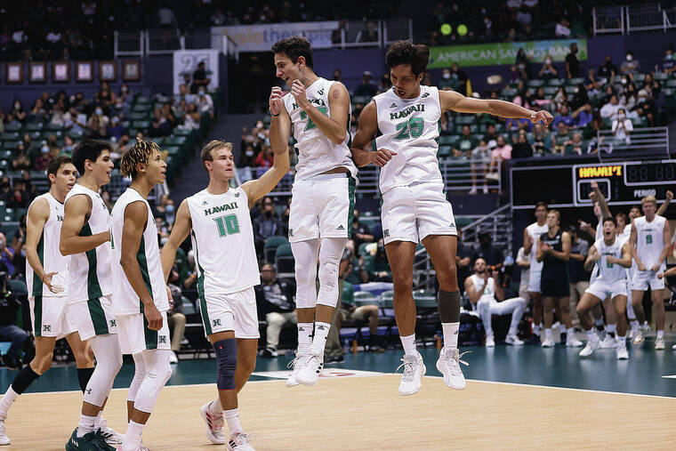 ANDREW LEE / SPECIAL TO THE STAR-ADVERTISER 
                                Hawaii’s Spyros Chakas, center, and Kana‘i Akana, right, leaped to celebrate after Hawaii scored a point against CSU Northridge Friday at SimpliFi Arena at Stan Sheriff Center.