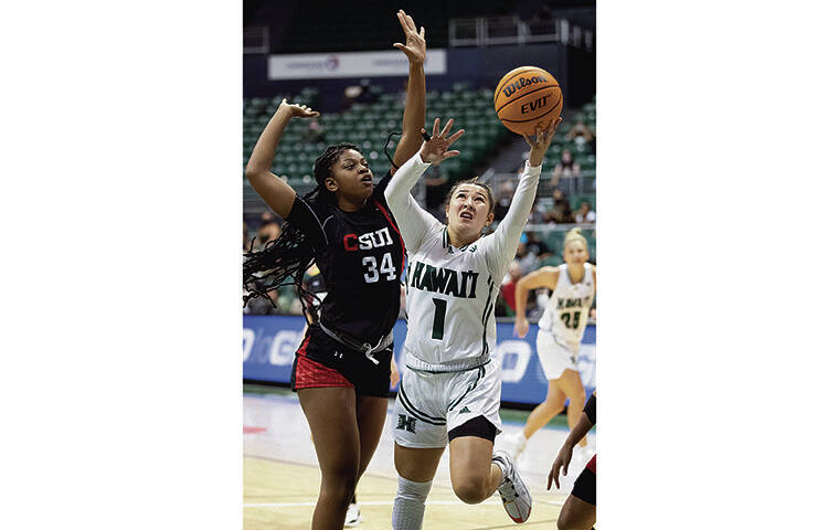 GEORGE F. LEE / GLEE@STARADVERTISER.COM
                                Kelsie Imai of the Rainbow Wahine went to the hoop against Kayanna Spriggs of the Matadors on Thursday.