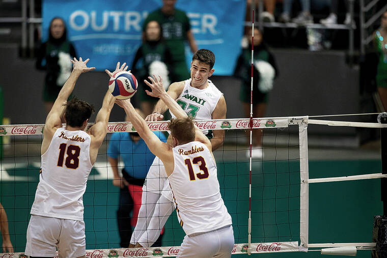 GEORGE F. LEE / JAN. 5
                                UH’s Spyros Chakas put down 15 kills in 20 attempts against UC San Diego in the Warriors’ sweep of the Tritons on Friday. Chakas attempted a kill against Loyola-Chicago Ramblers Jimmy Meinhart and Garrett Zolg on Jan. 5 at the SimpliFi Arena at the Stan Sheriff Center.