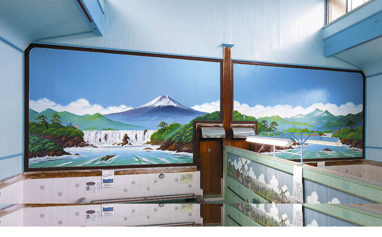 YOMIURI SHIMBUN 
                                Painting of Mount Fuji adorns the wall of the Daini Kotobuki-yu sento in Edogawa ward, Tokyo.