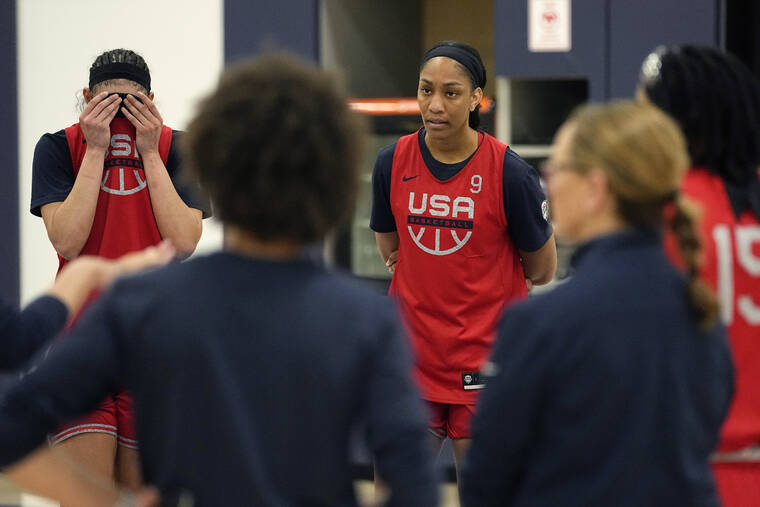 ASSOCIATED PRESS
                                USA National Basketball Team’s A’ja Wilson, center — teammate to Brittney Griner who is imprisoned in Russia — and teammates tooke part in a spring training practice session, today, in Minneapolis.