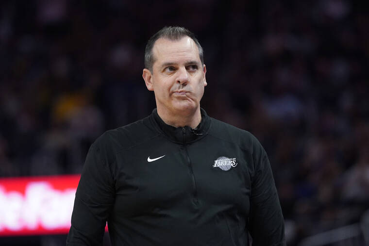 ASSOCIATED PRESS
                                Los Angeles Lakers coach Frank Vogel walked along the sideline during the second half of the team’s game against the Golden State Warriors in San Francisco, Thursday.