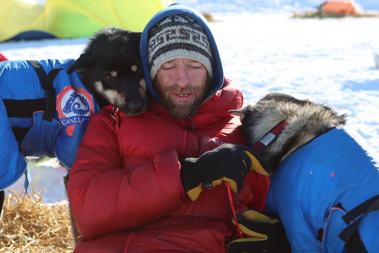 ZACHARIAH HUGHES/ANCHORAGE DAILY NEWS VIA ASSOCIATED PRESS
                                Jessie Holmes took a break from cooking his dogs a meal to nuzzle with two wheel dogs at the Ophir checkpoint during the Iditarod Trail Sled Dog Race, in March 2021. A pack of sled dogs belonging to Holmes, Iditarod veteran and reality TV star killed a family pet in Alaska, officials said.