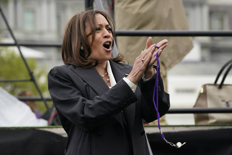 ASSOCIATED PRESS
                                Vice President Kamala Harris cheers after blowing a whistle to start a race as she participates in activities on the South Lawn of the White House in Washington during the White House Easter Egg Roll.
