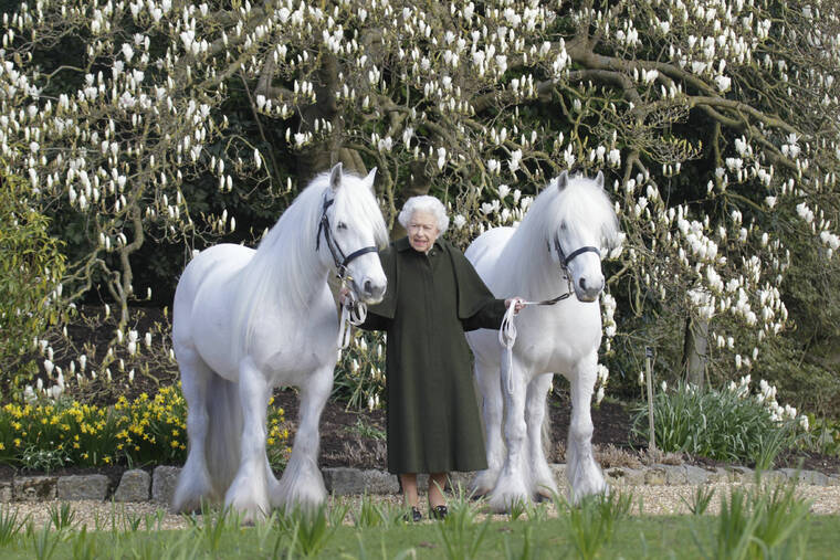 ROYAL WINDSOR HORSE SHOW VIA AP
                                Britain’s Queen Elizabeth II poses for a photo with her Fell ponies Bybeck Nightingale, right, and Bybeck Katie on the grounds of Windsor Castle in Windsor in March.