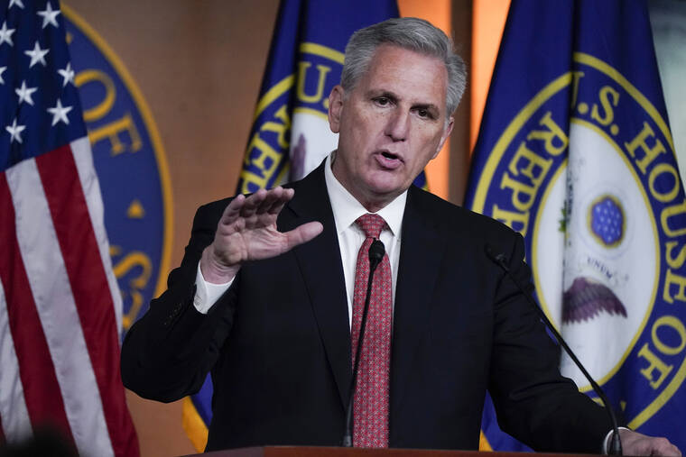 ASSOCIATED PRESS / DEC. 3
                                House Republican leader Kevin McCarthy, shown here in a December news conference, told other GOP lawmakers shortly after the Jan. 6, 2021, Capitol insurrection that he would urge then-President Donald Trump to resign, according to an audio recording posted Thursday night by The New York Times.