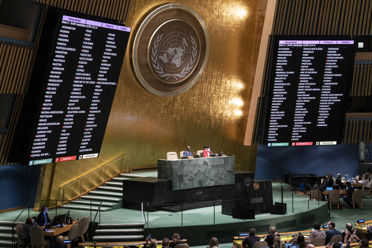 ASSOCIATED PRESS / APRIL 7
                                Voting commences on a resolution during a meeting of the United Nations General Assembly, at United Nations headquarters.