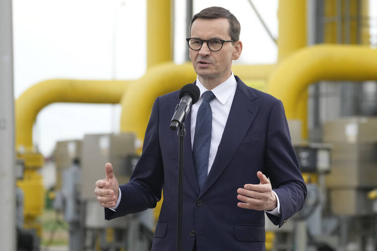 ASSOCIATED PRESS
                                Poland’s Prime Minister Mateusz Morawiecki spoke to media at the gas station of Gaz-System in Rembelszczyzna, near Warsaw, Poland, today. Polish and Bulgarian leaders accused Moscow of using natural gas to blackmail their countries after Russia’s state-controlled energy company stopped supplying the two European nations today.