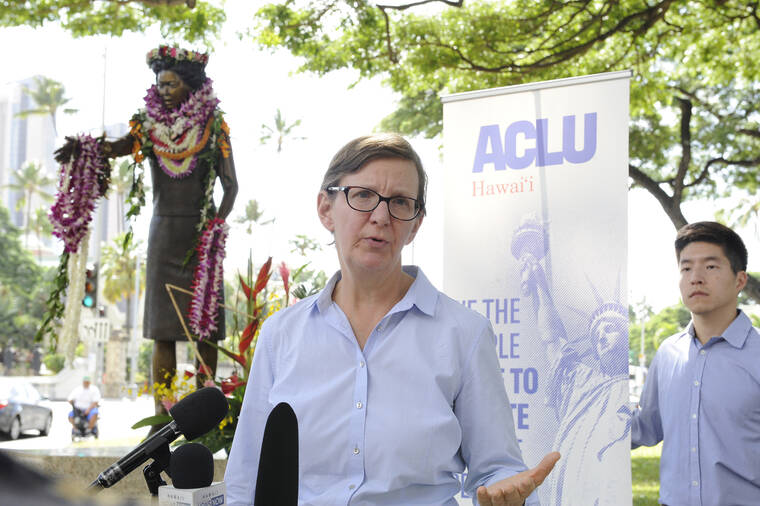 STAR-ADVERTISER / 2018
                                Elizabeth Kristen, director of the Gender Equity & LGBTQ Rights Program at Legal Aid At Work, announced a class action lawsuit on behalf of Campbell High School female athletes on Dec. 6, 2018.