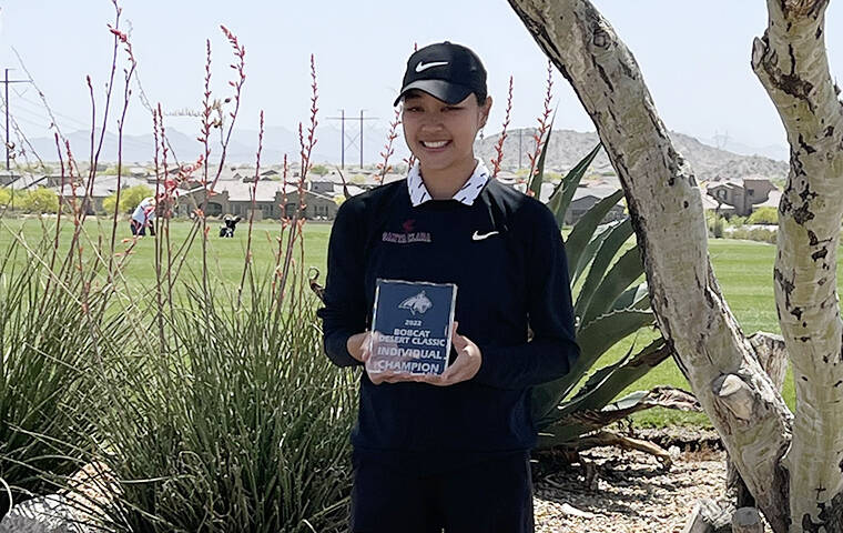 SANTA CLARA ATHLETICS
                                Santa Clara’s Claire Choi, held the Bobcat Desert Classic trophy after going wire-to-wire to win by six shots. She finished with a three-round total of 2-under-par 214.