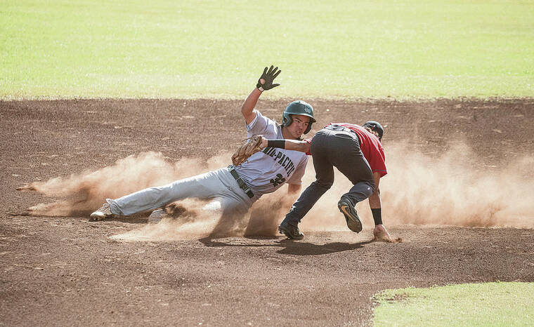 CINDY ELLEN RUSSELL / CRUSSELL@STARADVERTISER.COM
                                Mid-Pacific’s Karter Wong slid past ‘Iolani’s Jonah Velasco in the first inning on Tuesday. Wong hit a double and brought in two runs with the play.