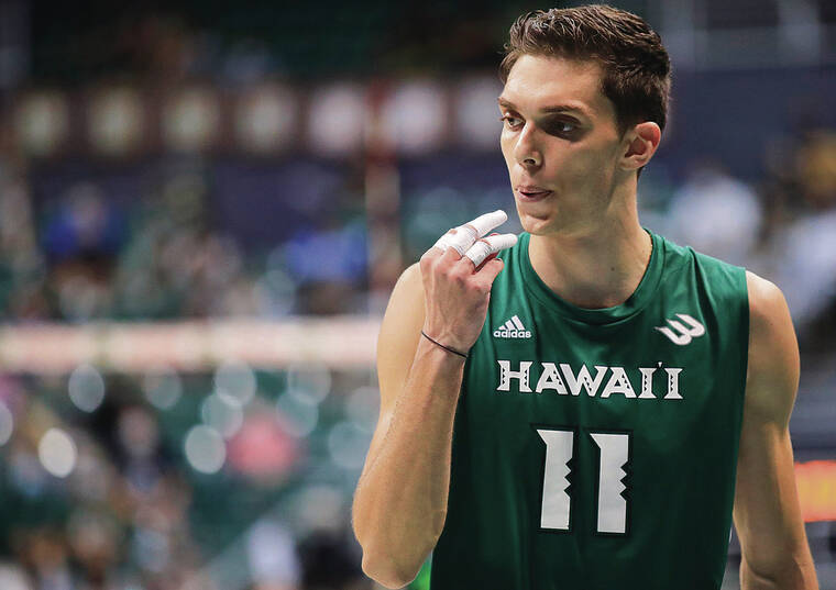 JAMM AQUINO / MARCH 12 
                                Dimitrios Mouchlias was on fire over the weekend at UC Irvine. The Hawaii opposite hit .486 with 44 kills, including a career-high 31 on Saturday. Monday he was named the Big West Offensive Player of the Week. On Tuesday, he was named national player of the week.