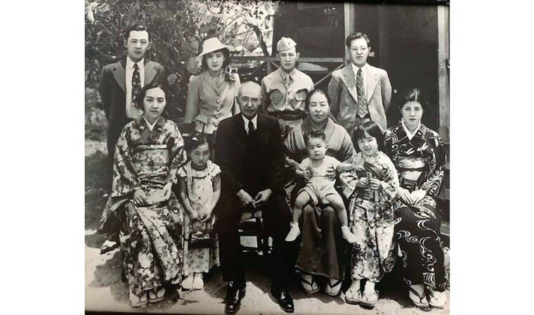 COURTESY HARRIS HIRATA
                                Gerome Hirata poses with his family shortly before his parents and younger sister left the United States for Japan. They would never see each other again. Front row (left to right): Hisako Hirata, Marion Jean Hirata, Shotaro Hirata, Misawo Hirata, Harris Hirata (on lap), Alma Hirata, Masako Hirata. Back row (left to right): James Masaki Hirata, Evelyn Naoye Hirata, Gerome Mitsuo Hirata, and Tadao Hirata.