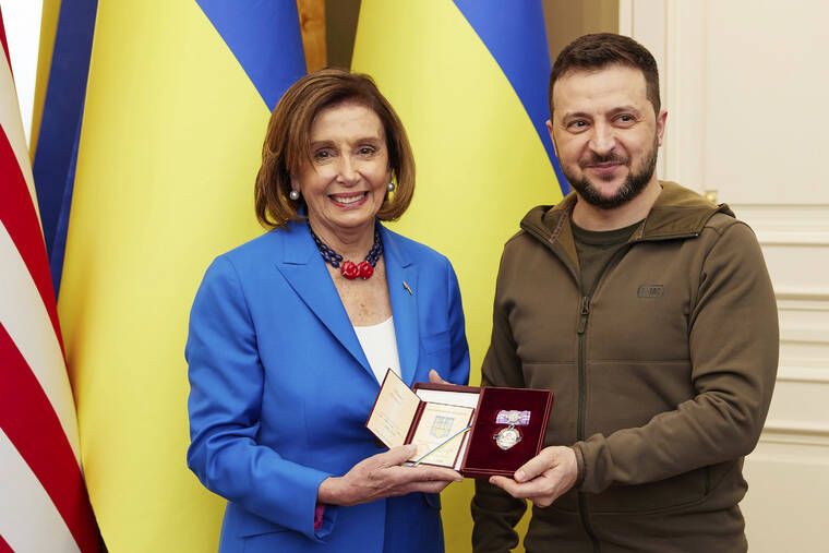 UKRAINIAN PRESIDENTIAL PRESS OFFICE VIA AP / MAY 1
                                Ukrainian President Volodymyr Zelenskyy, right, awards the Order of Princess Olga, the third grade, to U.S. Speaker of the House Nancy Pelosi in Kyiv, Ukraine, Saturday, April 30. Pelosi, second in line to the presidency after the vice president, is the highest-ranking American leader to visit Ukraine since the start of the war, and her visit marks a major show of continuing support for the country’s struggle against Russia.
