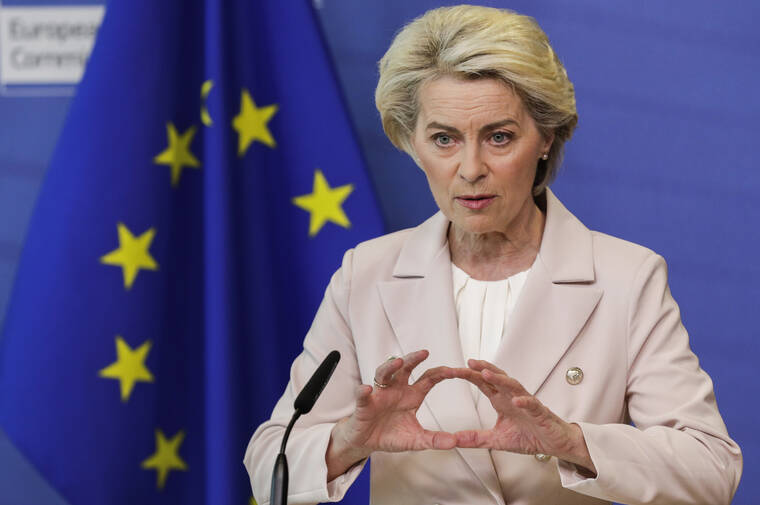 POOL VIA ASSOCIATED PRESS
                                European Commission President Ursula von der Leyen delivers a statement at EU headquarters in Brussels on April 27.
