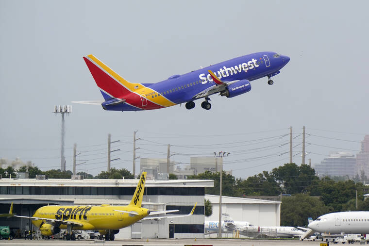 ASSOCIATED PRESS / 2020 A Southwest Airlines Boeing 737-7H4 takes off from Fort Lauderdale-Hollywood International Airport in Fort Lauderdale, Fla. Southwest Airlines is reporting a loss of $278 million in the first quarter, Thursday, April 28, 2022, but says it will be profitable for the rest of 2022.