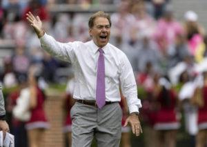 ASSOCIATED PRESS
                                Alabama head coach Nick Saban yells to the sideline during the first half of Alabama’s A-Day NCAA college football scrimmage on April 16.