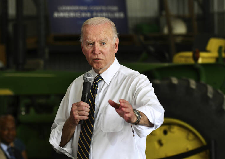 TIFFANY BLANCHETTE/THE DAILY JOURNAL VIA AP / MAY 11
                                President Joe Biden speaks during a visit to Jeff O’Connor’s farm in Kankakee, Ill.