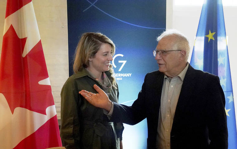 POOL VIA AP
                                Melanie Joly, left, Foreign Minister of Canada, and Josep Borrell, right, EU High Representative for Foreign Affairs and Security Policy, talk after their bilateral meeting during the the summit of foreign ministers of the G7 Group.