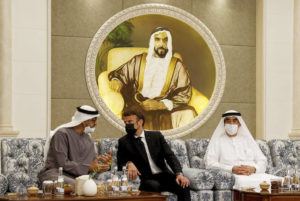 CHRISTIAN HARTMANN, POOL VIA AP
                                Newly-elected president of the United Arab Emirates Sheikh Mohammed bin Zayed Al Nahyan meets French President Emmanuel Macron, center, to mourn the death of Sheikh Khalifa Bin Zayed Al Nahyan at Al Mushrif Palace in Abu Dhabi, United Arab Emirates.