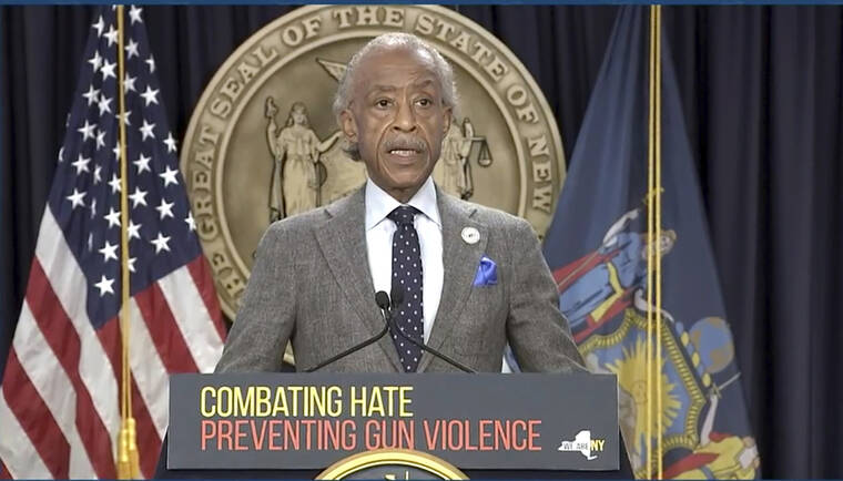 OFFICE OF THE GOVERNOR OF NEW YORK VIA AP
                                In this image taken from video, Rev. Al Sharpton speaks during a news conference by Gov. Kathy Hochul in New York. New York would require state police to seek court orders to keep guns away from people who might pose a threat to themselves or others under a package of executive orders and gun control bills touted Wednesday by Hochul in the aftermath of a racist attack on a Buffalo supermarket.