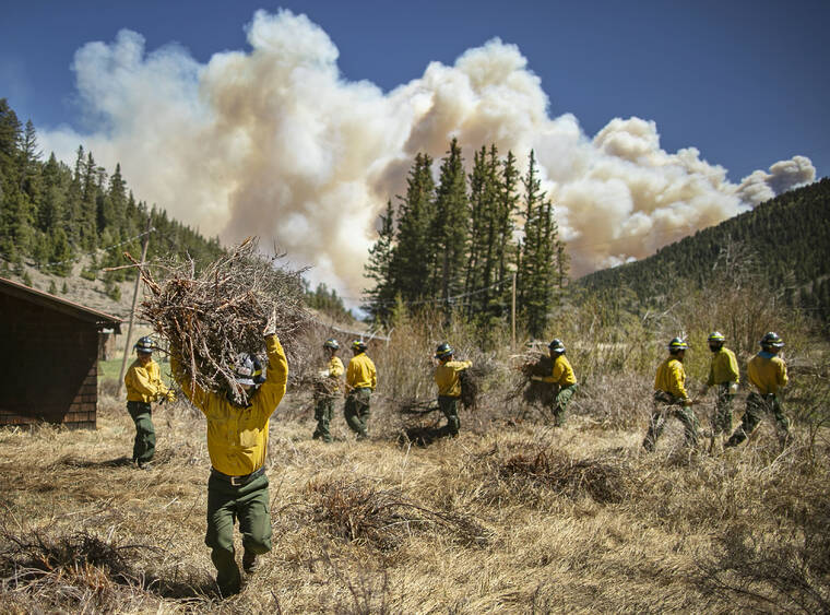 SANTA FE NEW MEXICAN / AP / MAY 13
                                Firefighters with Structure Group 4 clear brush and debris away from cabins along Highway 518 near the Taos County line in New Mexico, while fire rages over the nearby ridge.