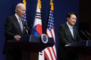 ASSOCIATED PRESS
                                U.S. President Joe Biden, left, speaks as South Korean President Yoon Suk Yeol listens during a news conference at the People’s House inside the Ministry of National Defense today in Seoul, South Korea.