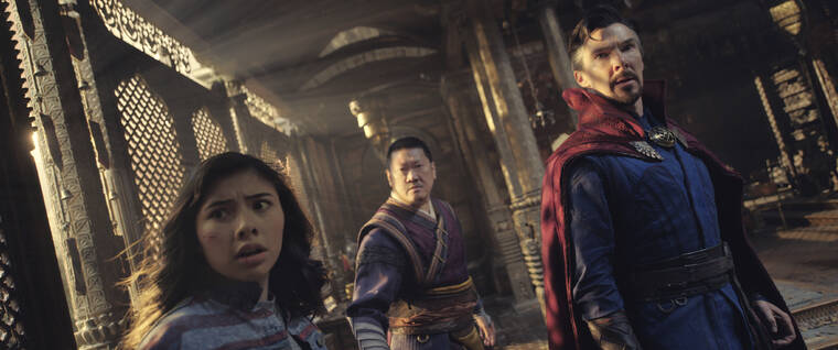 MARVEL STUDIOS VIA AP
                                This image released by Marvel Studios shows, from left, Xochitl Gomez as America Chavez, Benedict Wong as Wong, and Benedict Cumberbatch as Dr. Stephen Strange in a scene from “Doctor Strange in the Multiverse of Madness.”