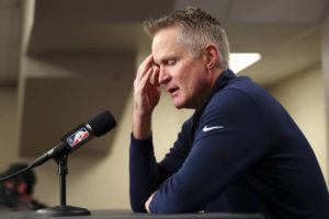 SAN FRANCISCO CHRONICLE VIA AP
                                Reacting to the Uvalde, Texas, school shooting earlier in the day, Golden State Warriors coach Steve Kerr makes a statement before Warriors played the Dallas Mavericks in Game 4 of the NBA basketball playoffs Western Conference finals today in Dallas.