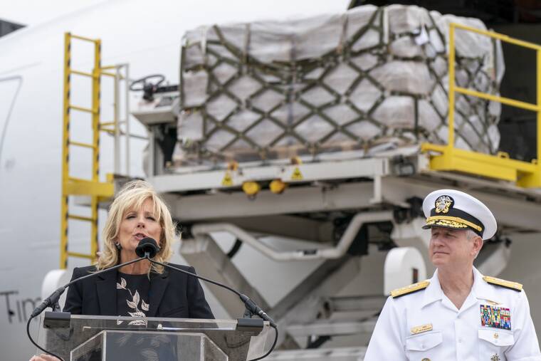 JACQUELYN MARTIN / AP
                                First lady Jill Biden, speaks next to Vice Admiral Dee Mewbourne, Deputy Commander of the U.S. Transportation Command, after a Fedex Express cargo plane carrying 100,000 pounds of baby formula arrived at Washington Dulles International Airport in Chantilly, Va.
