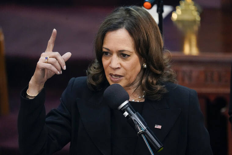 PATRICK SEMANSKY / AP
                                Vice President Kamala Harris speaks at a memorial service for Ruth Whitfield, a victim of the Buffalo supermarket shooting, at Mt. Olive Baptist Church, Saturday, in Buffalo, N.Y.