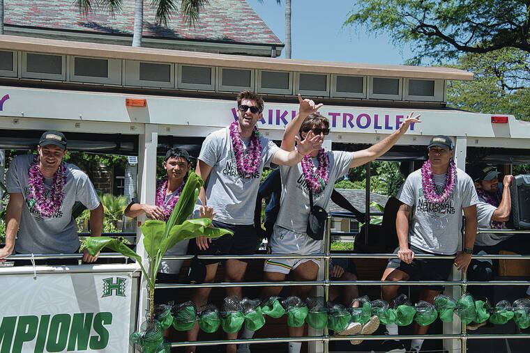 CRAIG T. KOJIMA / CKOJIMA@STARADVERTISER.COM
                                 The UH men’s volleyball team Tuesday arrived by trolley at Honolulu Hale where Mayor Rick Blangiardi and the City Council honored the team for winning its second consecutive NCAA men’s volleyball championship. The team was also honored by Gov. David Ige at Washington Place.