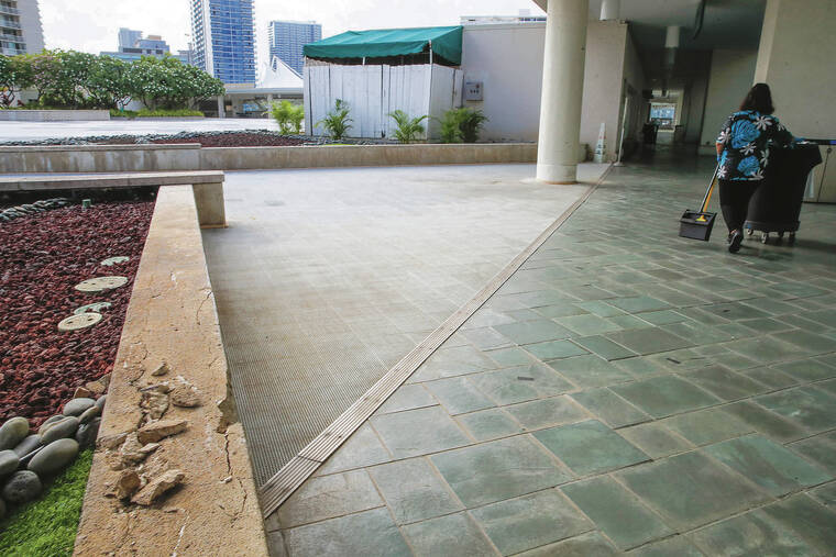 JAMM AQUINO / JAQUINO@STARADVERTISER.COM
                                State legislators appropriated only $15 million of the requested $64 million to fix a leaky Hawai‘i Convention Center rooftop. Other repairs, above, are also needed, such as structures on the terrace.