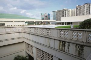 JAMM AQUINO / JAQUINO@STARADVERTISER.COM
                                Above, a leaky rooftop terrace deck is creating hundreds of thousands of dollars of new damage and potentially costing the center new bookings.