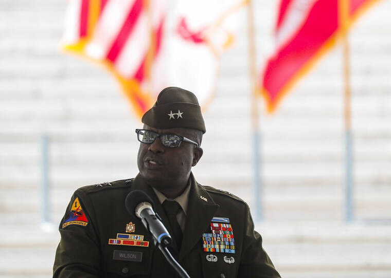 JAMM AQUINO / JAQUINO@STARADVERTISER.COM
                                U.S. Army Maj. Gen. David Wilson speaks on Friday.