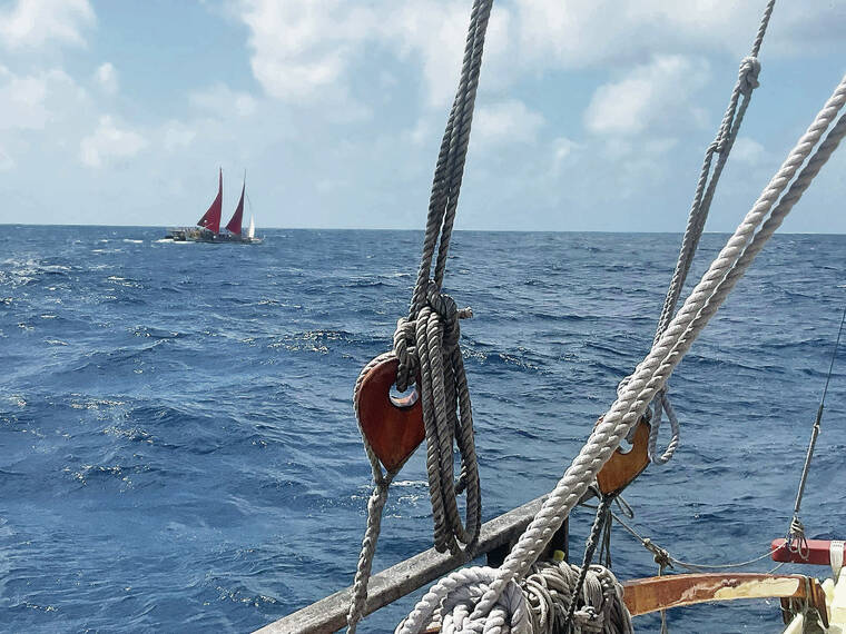 COURTESY POLYNESIAN VOYAGING SOCIETY
                                A photo from the 2,500-mile Kealaikahiki Voyage shows the Hikianalia off the port side of the Hokule‘a on their way to Tahiti.