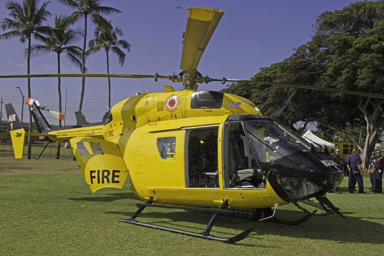COURTESY MFD
                                The Eurocopter BK117-850G2 aircraft, named “Iolani,” or royal hawk in Hawaiian, was blessed last week in a ceremony hosted by Fire Chief Bradford Ventura.