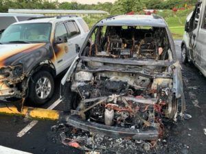 COURTESY HAWAII COUNTY
                                Unknown arsonists set fire to four county vehicles Sunday at the Kamana Senior Center in Hilo, causing roughly $100,000 in damage. The vehicles were used by the Department of Parks and Recreation’s Elderly Activities Division.