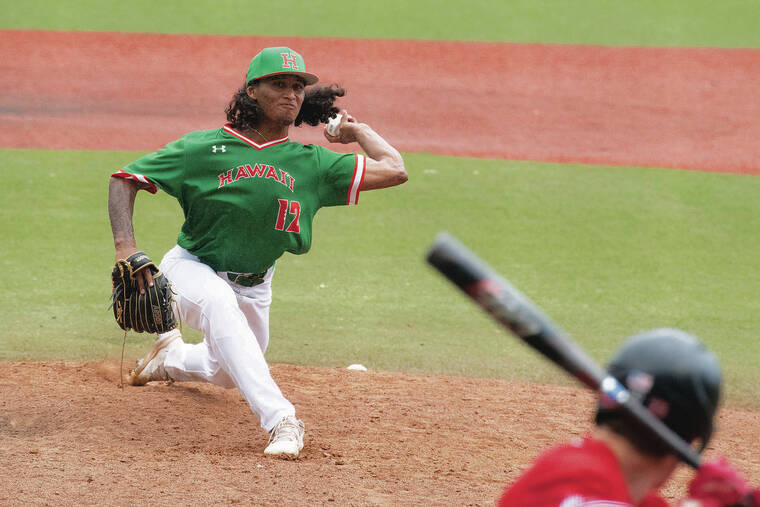 CRAIG T. KOJIMA / CKOJIMA@STARADVERTISER.COM 
                                UH’s Tai Atkins pitched two innings and allowed one earned run against Cal State Northridge on Sunday.